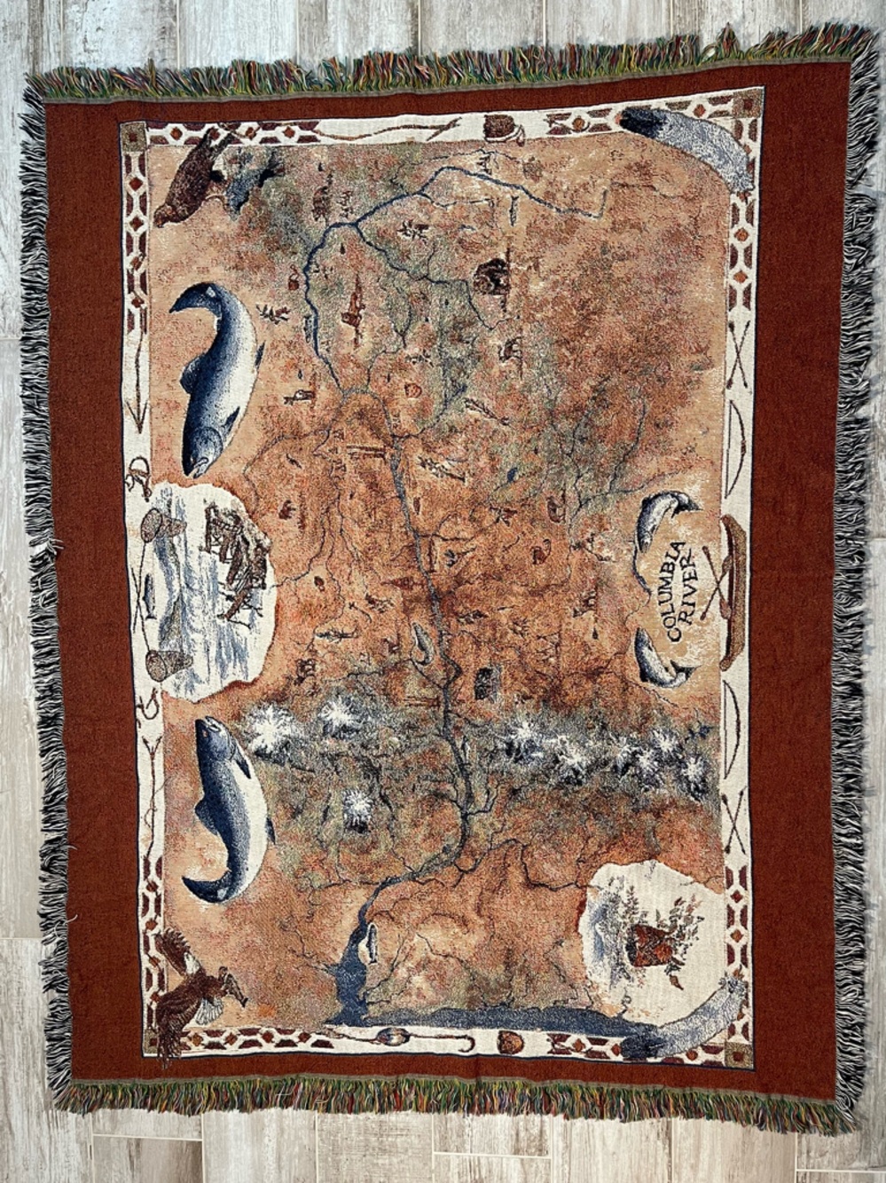 VTG Columbia River Map Woven Tapestry Throw Blanket in Brown